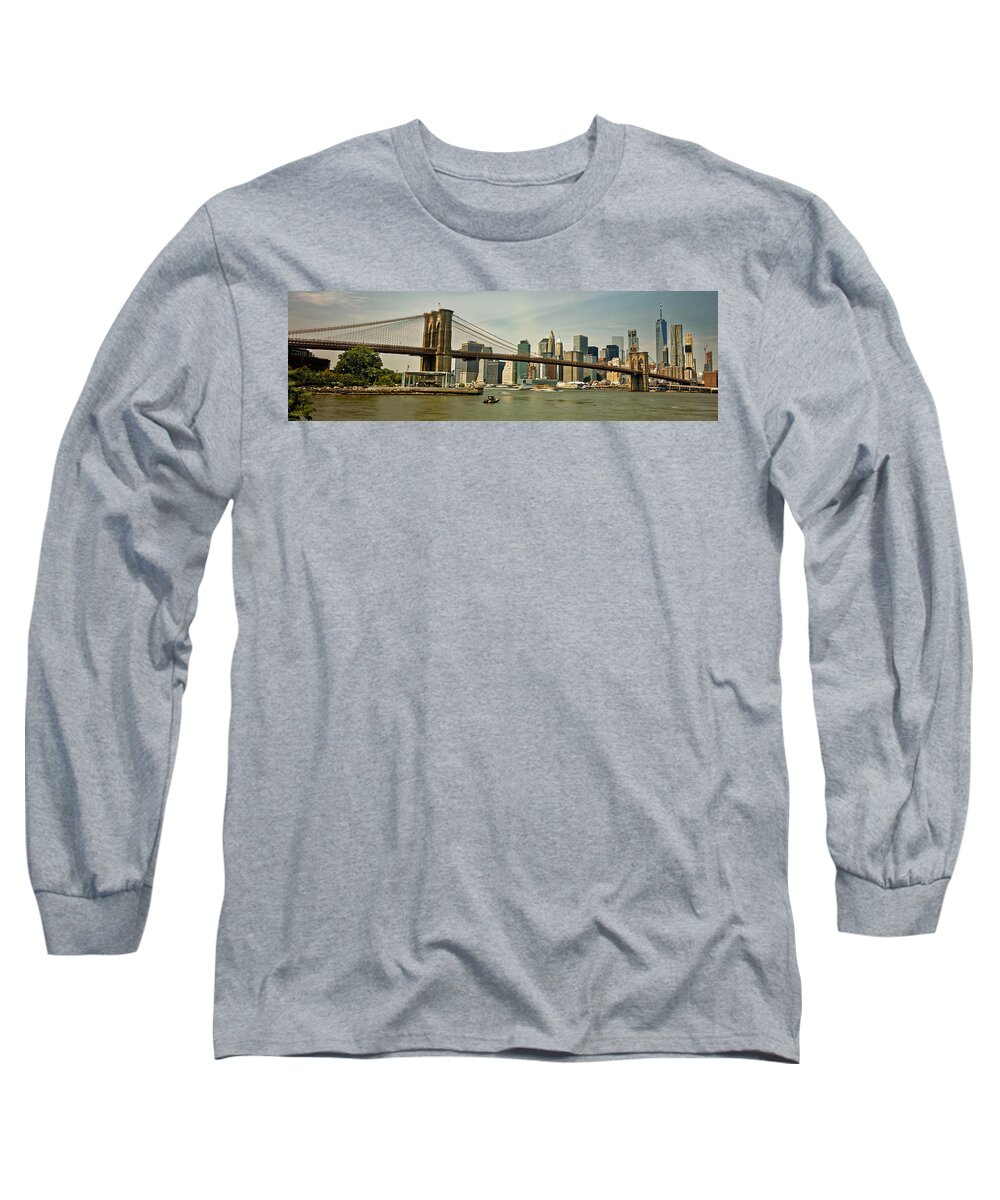 Brooklyn Bridge Long Sleeve T-Shirt featuring the photograph Brooklyn Bridge Panorama by Doolittle Photography and Art