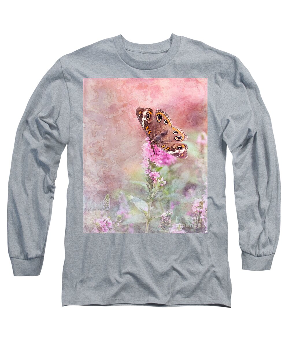Common Buckeye Butterfly Long Sleeve T-Shirt featuring the photograph Buckeye Bliss by Betty LaRue