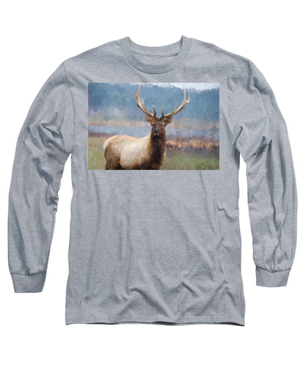 Animal Long Sleeve T-Shirt featuring the digital art Bull elk by the river by Debra Baldwin