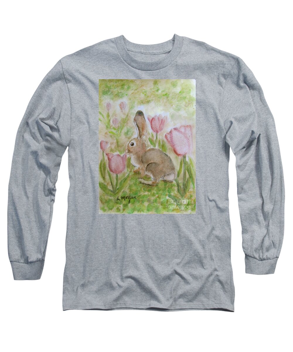 Bunny Long Sleeve T-Shirt featuring the painting Bunny in the Tulips by Laurie Morgan