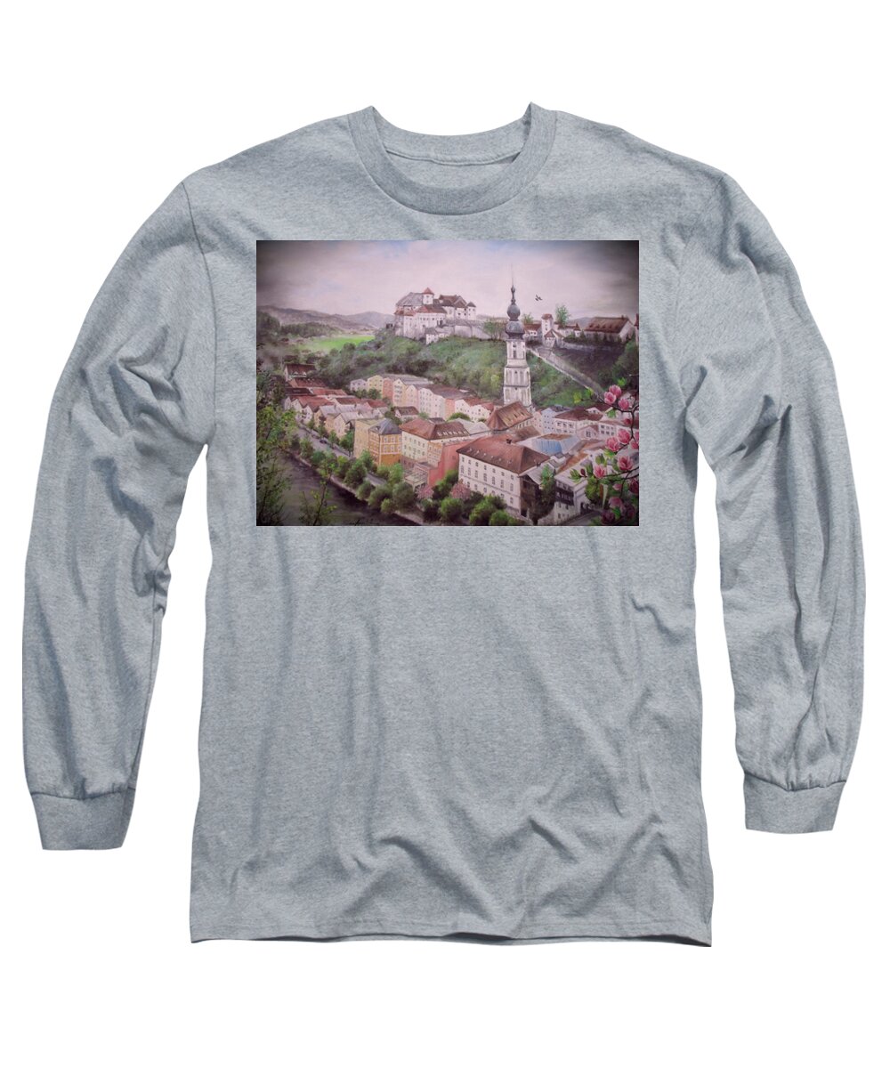 Spring Days In Burghausen Long Sleeve T-Shirt featuring the painting Burhausen by Sorin Apostolescu