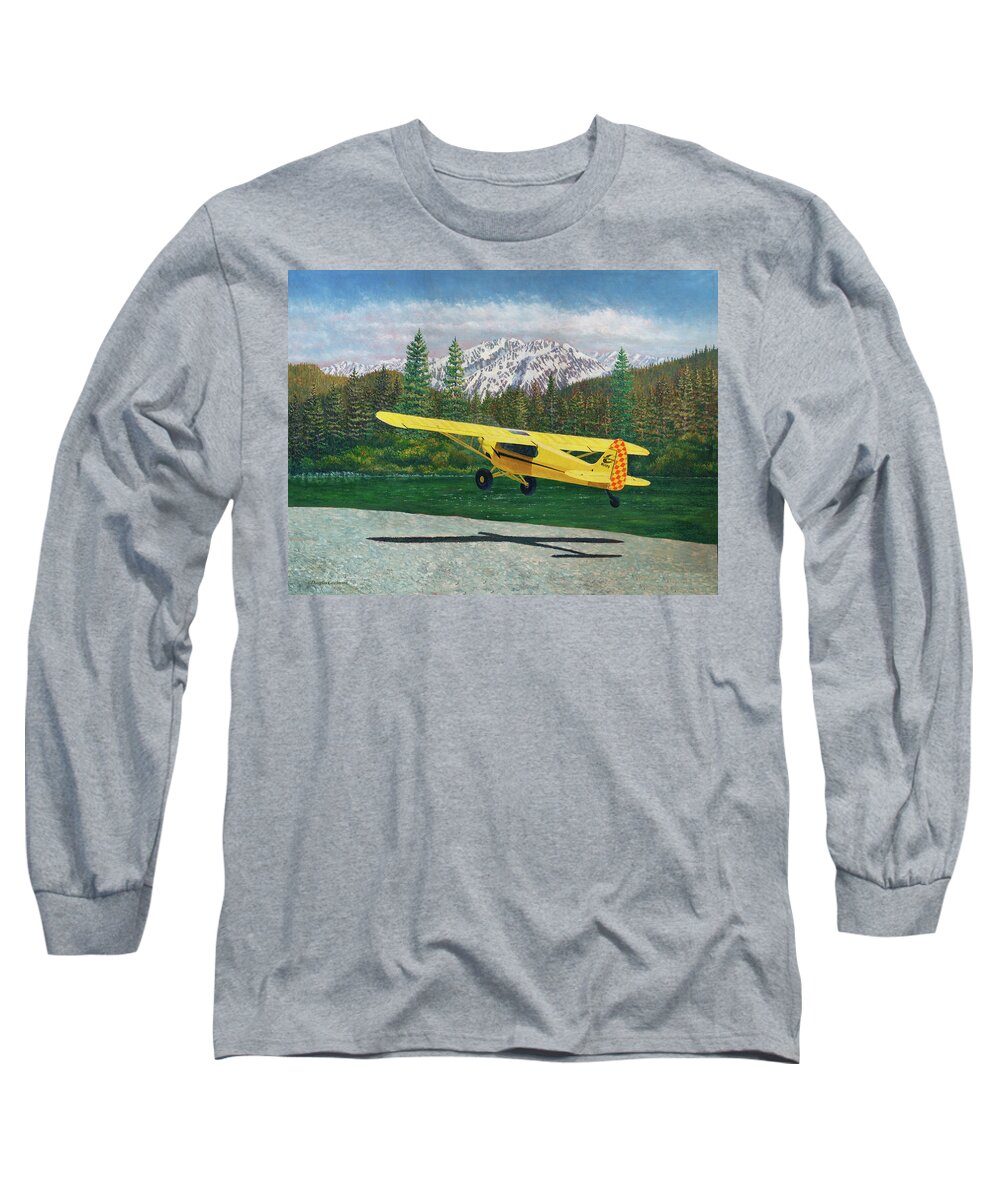 Aviation Long Sleeve T-Shirt featuring the painting Carbon Cub Riverbank Takeoff by Douglas Castleman