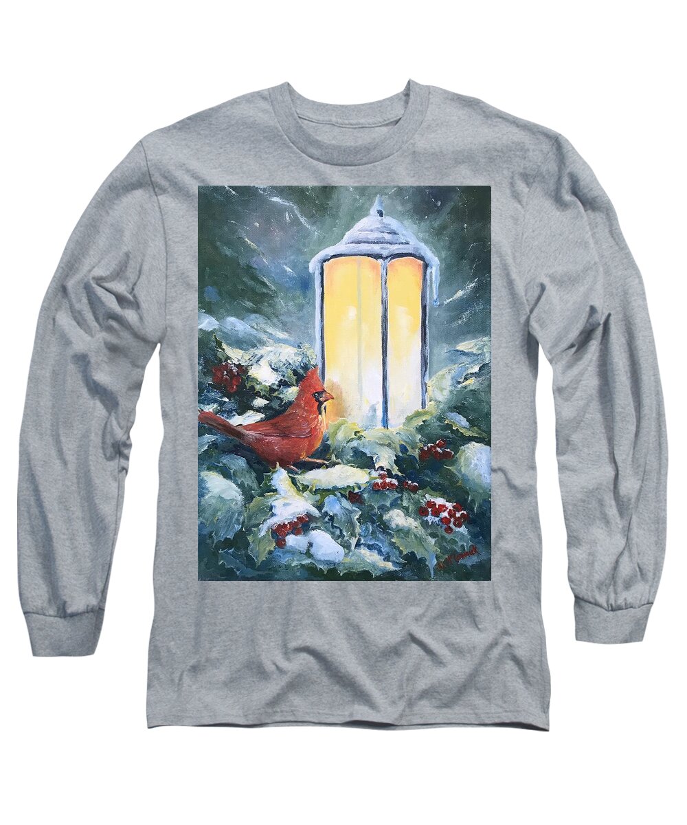 Cardinal Long Sleeve T-Shirt featuring the painting Snowy Lantern's Glow by ML McCormick