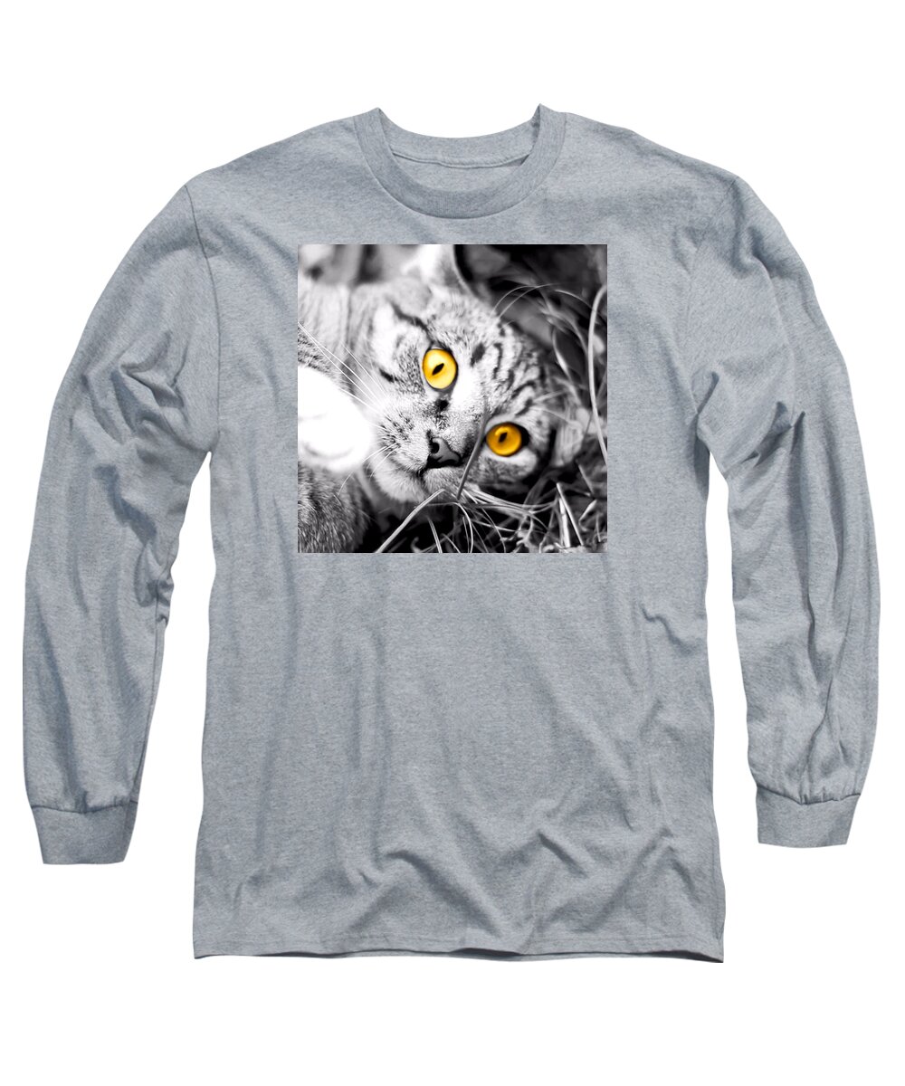 Portrait Long Sleeve T-Shirt featuring the photograph Cat Play black and white by Morgan Carter