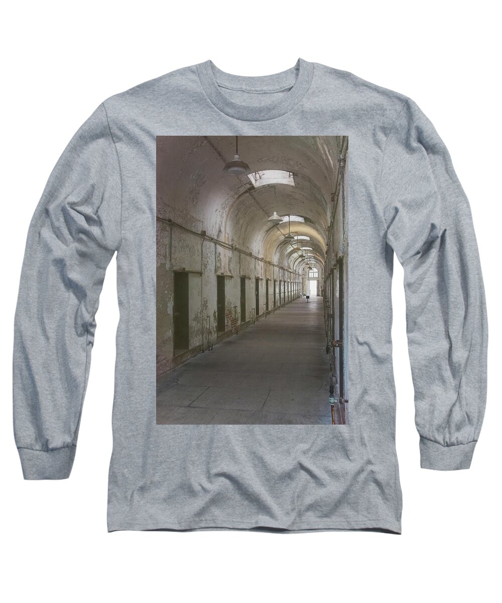 Eastern State Penitentiary Long Sleeve T-Shirt featuring the photograph Cellblock Hallway by Tom Singleton