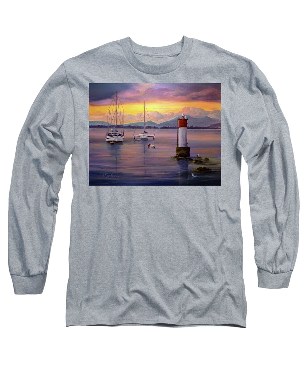 Seascape Long Sleeve T-Shirt featuring the painting Chemainus Sunset by Wayne Enslow