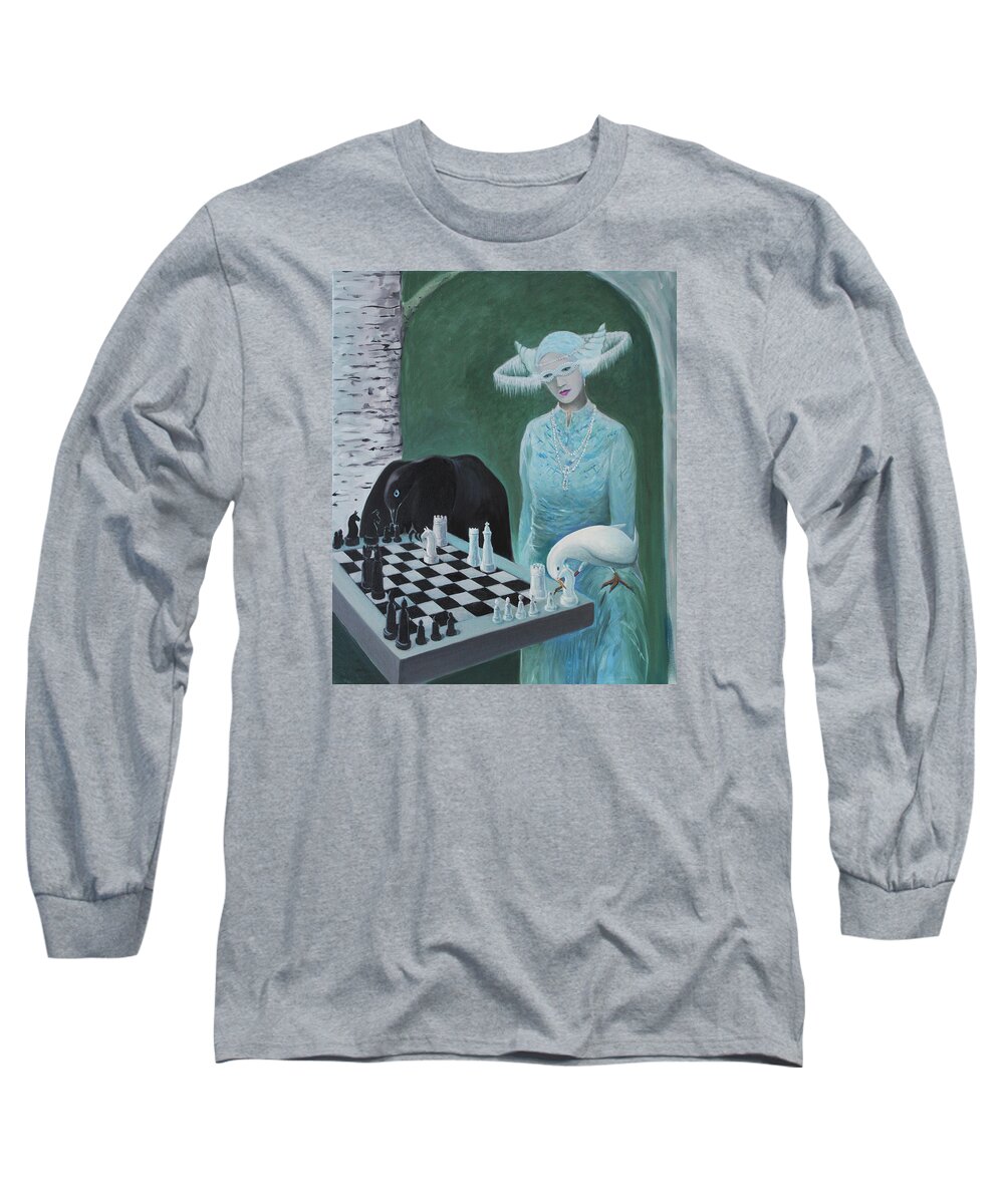 Chess Long Sleeve T-Shirt featuring the painting Chess - The Queen Waits by Tone Aanderaa