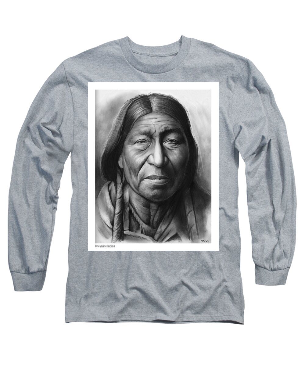 Indian Long Sleeve T-Shirt featuring the drawing Cheyenne by Greg Joens
