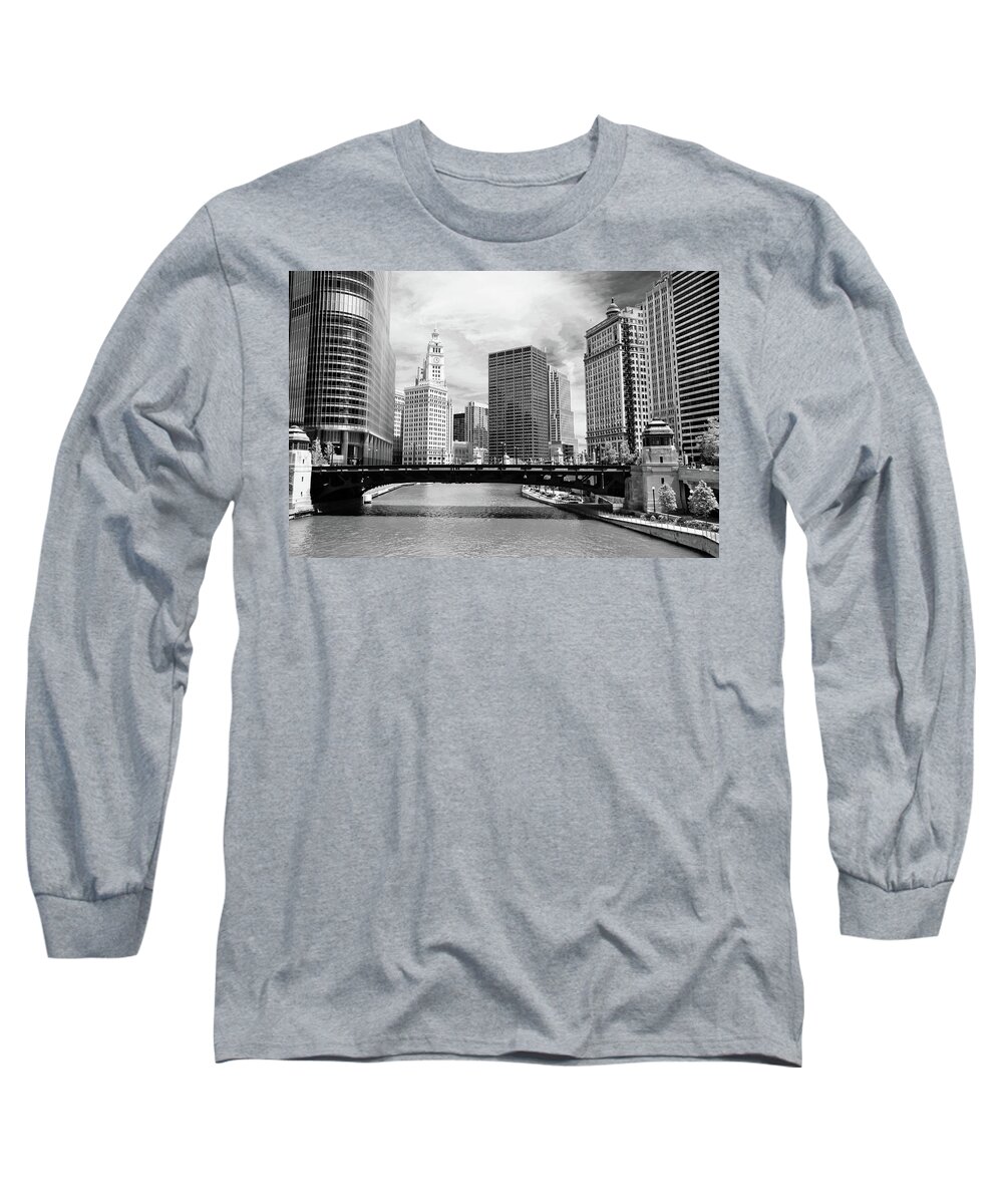 Bridge Long Sleeve T-Shirt featuring the photograph Chicago River Buildings Skyline by Paul Velgos