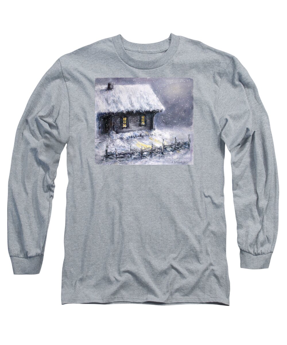 Landscape Long Sleeve T-Shirt featuring the painting Christmas eve by Arturas Slapsys