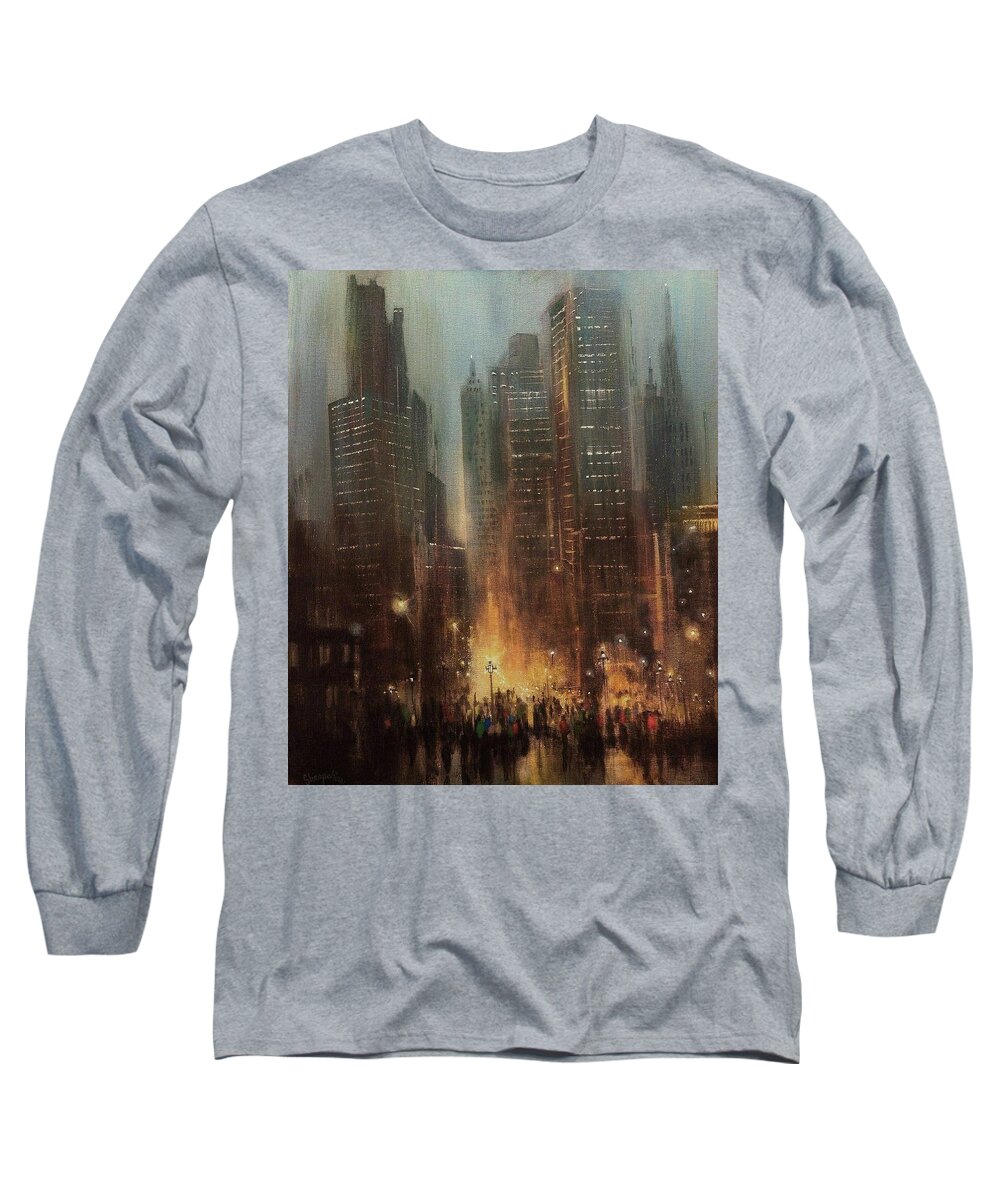 City Scene Long Sleeve T-Shirt featuring the painting City Rain by Tom Shropshire