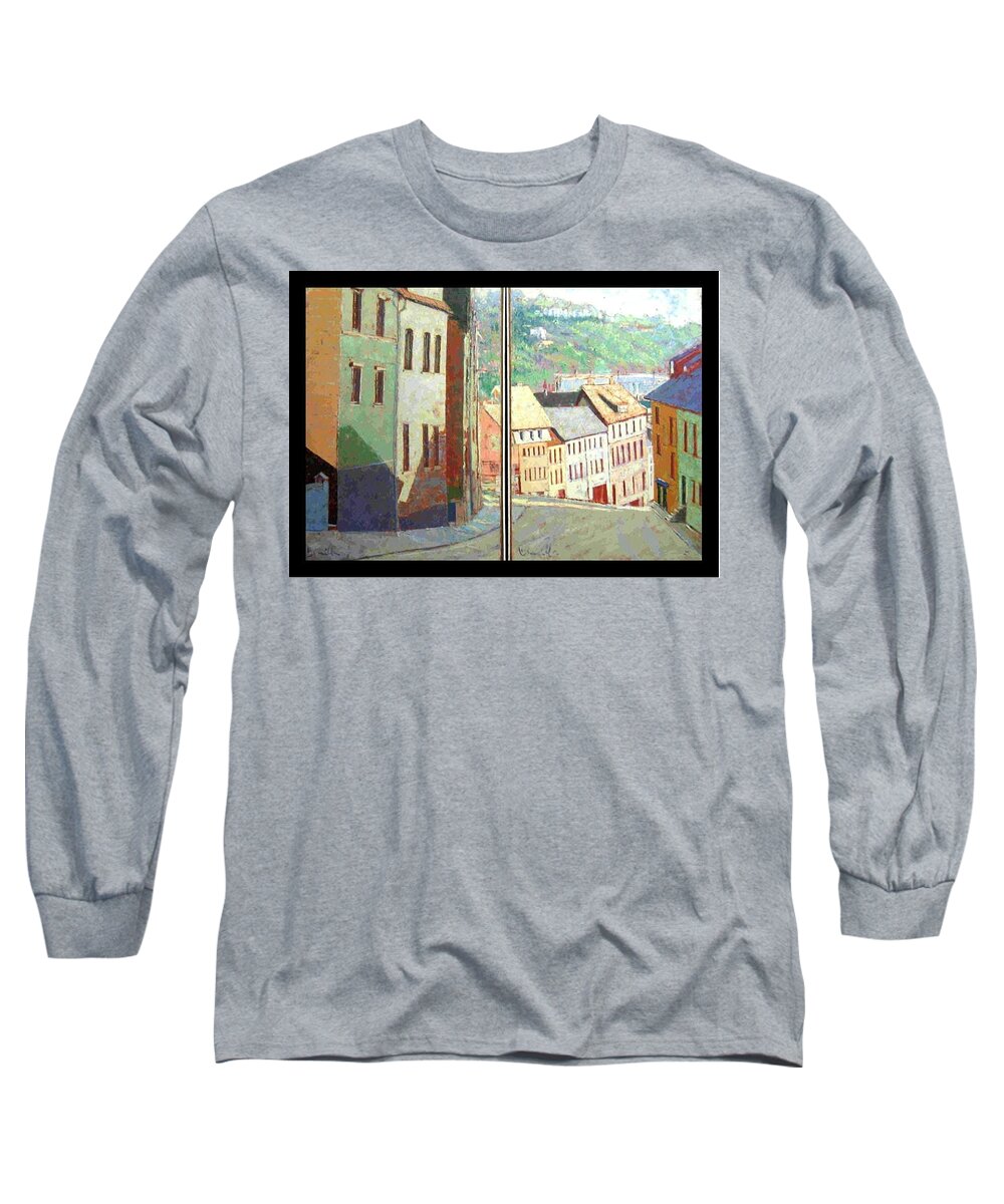 Buildings Long Sleeve T-Shirt featuring the painting City Scape-Dyptich by Walter Casaravilla