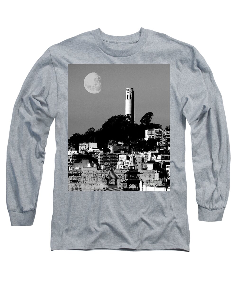 Black And White Long Sleeve T-Shirt featuring the photograph Coit Tower Empress of China and the Moon - Black and White by Wingsdomain Art and Photography