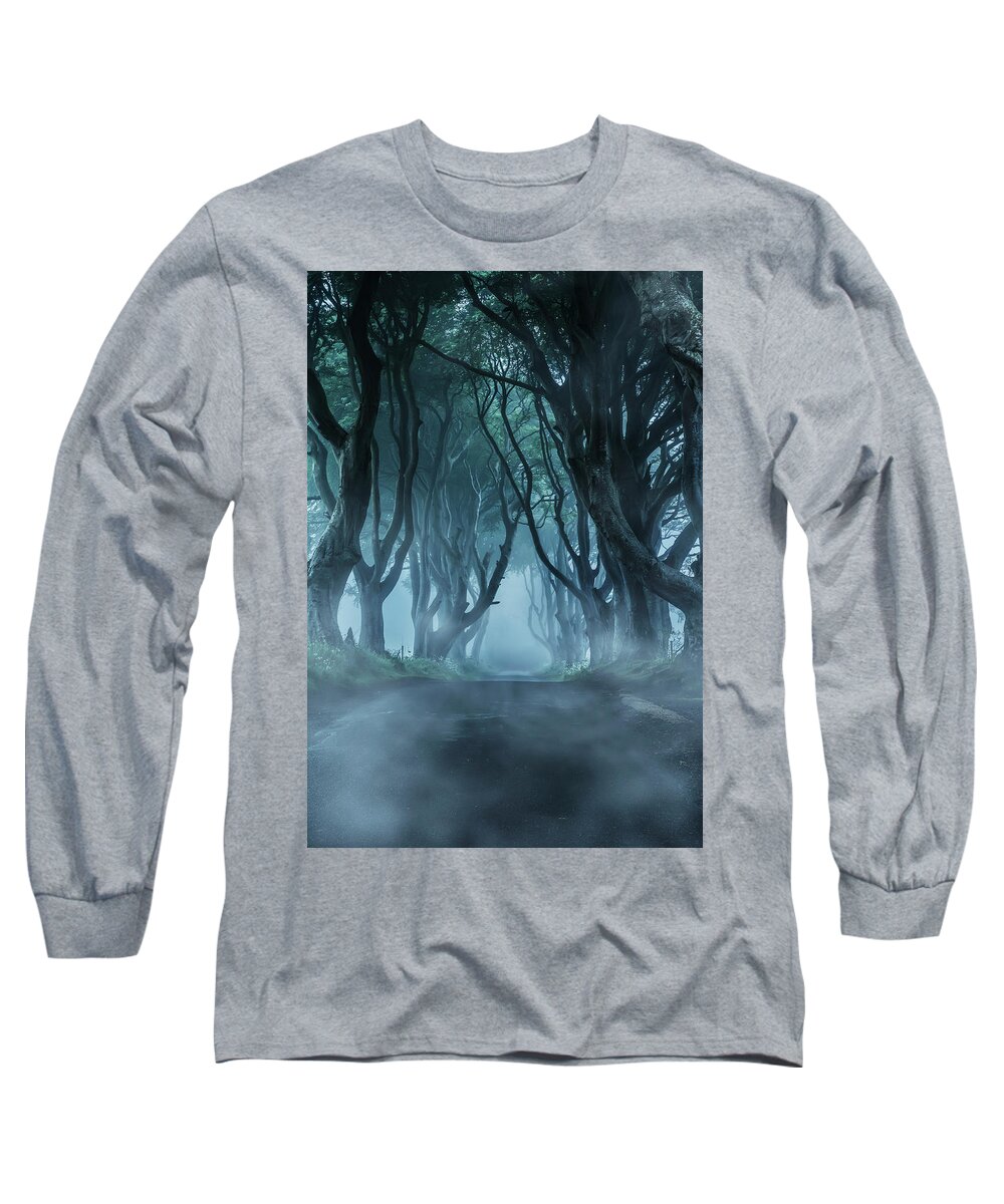 Dark Hedges In Northern Ireland Long Sleeve T-Shirt featuring the photograph Cold morning in northern Ireland by Jaroslaw Blaminsky