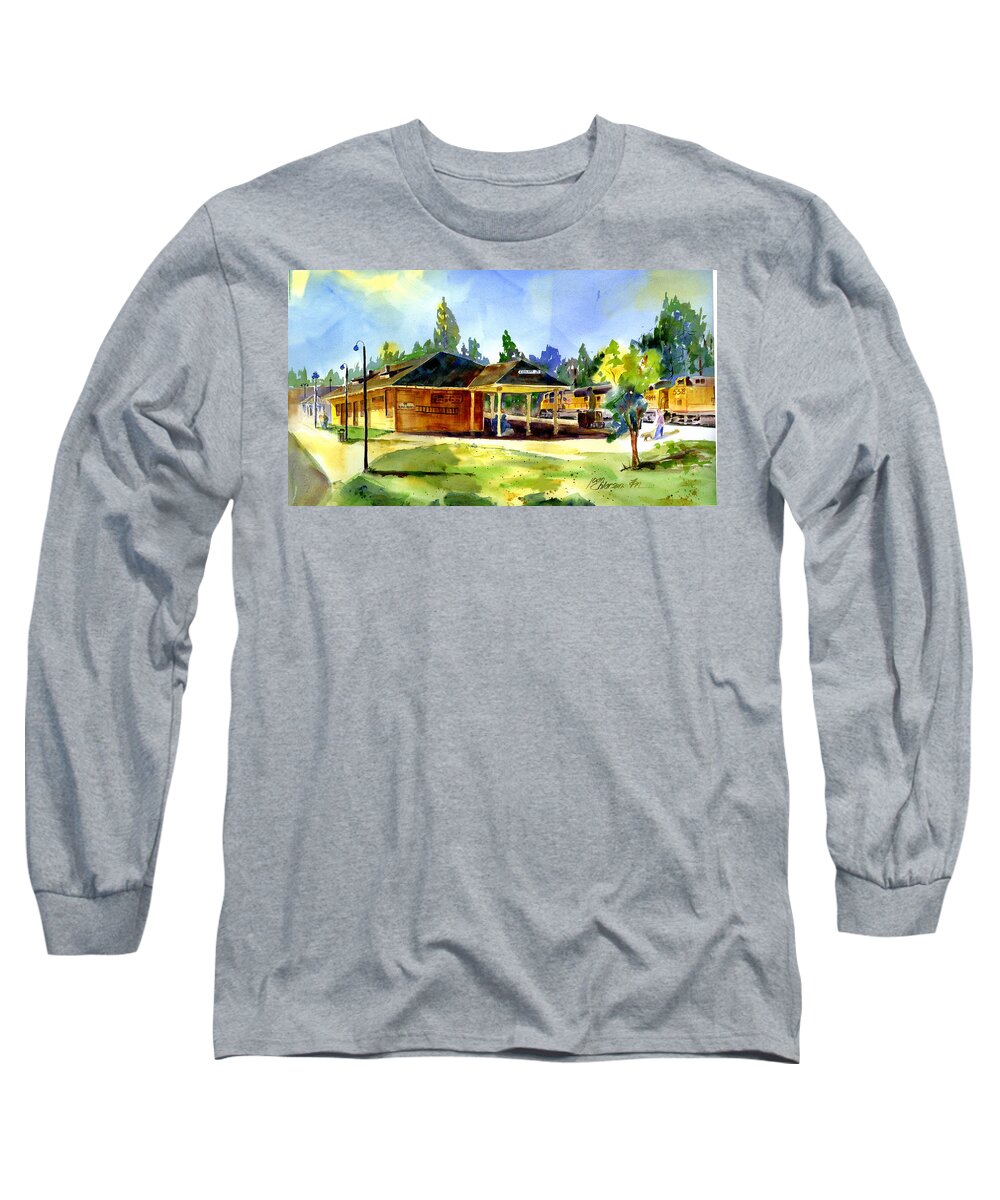 Colfax Long Sleeve T-Shirt featuring the painting Colfax RR Depot by Joan Chlarson