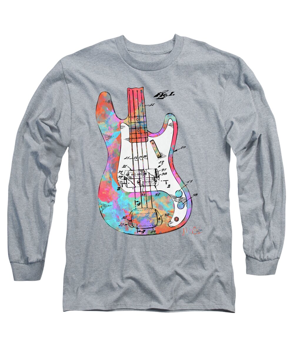 Fender Guitar Long Sleeve T-Shirt featuring the digital art Colorful 1961 Fender Guitar Patent by Nikki Marie Smith