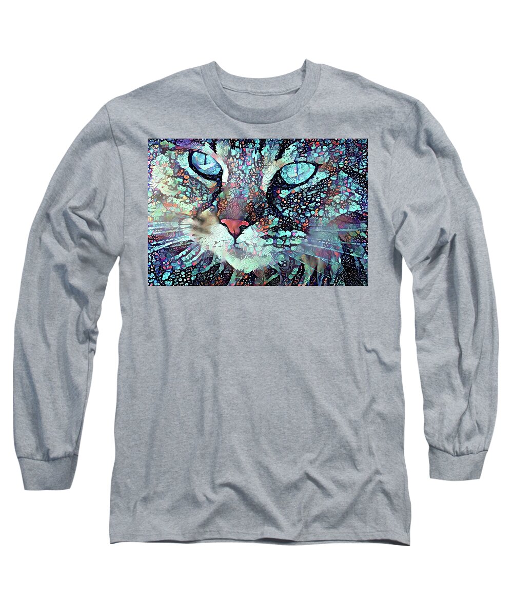 Cat Face Long Sleeve T-Shirt featuring the digital art Colorful Flower Cat Art - A Cat Called Blue by Peggy Collins