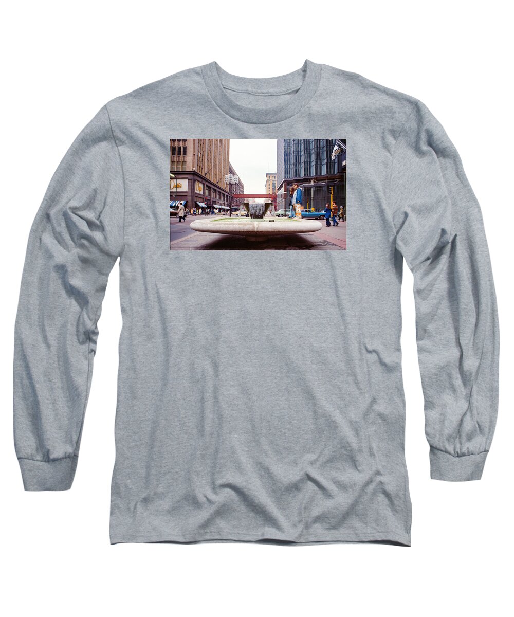 Book Work Long Sleeve T-Shirt featuring the photograph Contemplating the fountain at 8th and Nicollet. by Mike Evangelist