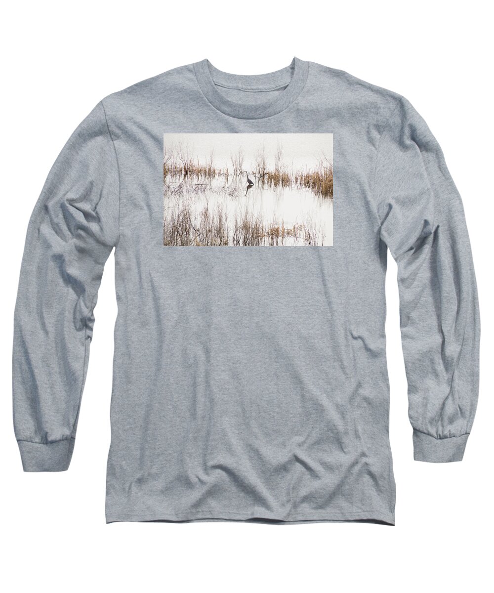 Crane Long Sleeve T-Shirt featuring the photograph Crane in Reeds by Laura Pratt