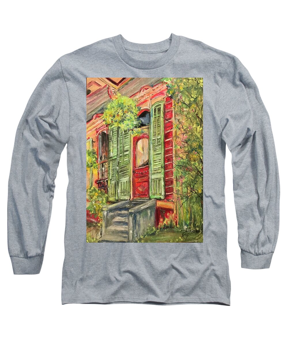 Creole Long Sleeve T-Shirt featuring the painting Creole Painted Lady in the Marigny by Robin Miller-Bookhout