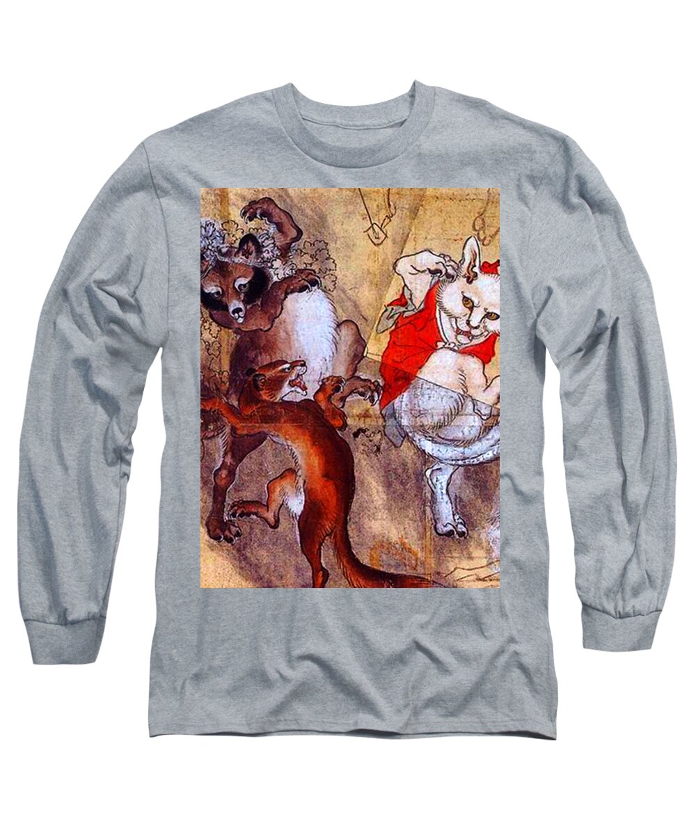Cat Long Sleeve T-Shirt featuring the painting Japanese Meiji Period Dancing Feral Cat with Wild Animal Friends by Peter Ogden