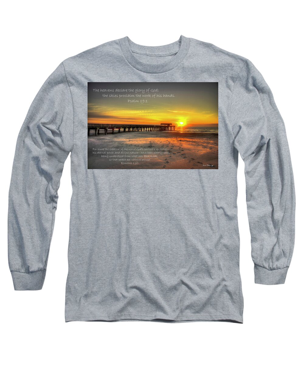 Reid Callaway Tybee Island Sunrise Pier Long Sleeve T-Shirt featuring the photograph Dawn Tybee Pier Psalm 19 Tybee Island Sunrise Scripture Art by Reid Callaway