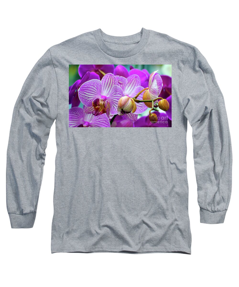 Decorative Long Sleeve T-Shirt featuring the photograph Decorative Fuschia Orchid Still Life by Mas Art Studio