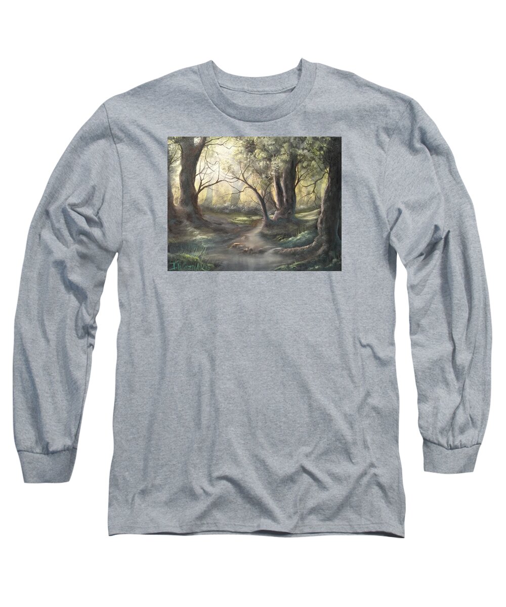 Forest Trees Water Sky River Rocks Landscape Oak Trees Grass Long Sleeve T-Shirt featuring the painting Deep Forest by Justin Wozniak