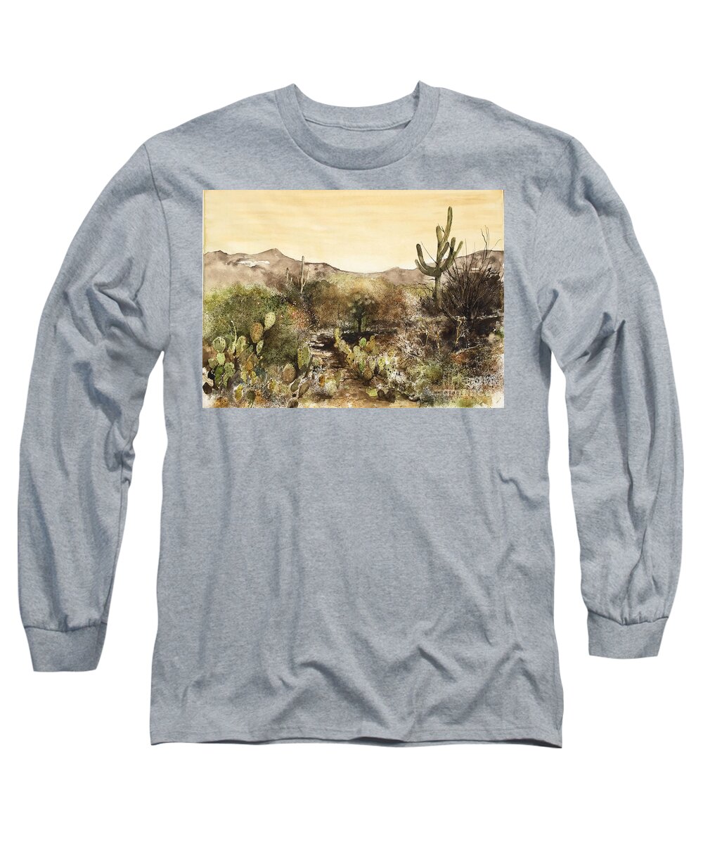 A Desert Scene At The Arizona-sonora Desert Museum Near Tucson Long Sleeve T-Shirt featuring the painting Desert Walk by Monte Toon