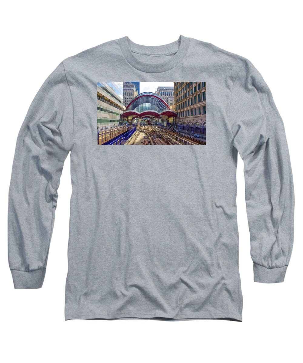 Railway Long Sleeve T-Shirt featuring the photograph DLR Canary Wharf and Approaching Train by Venetia Featherstone-Witty