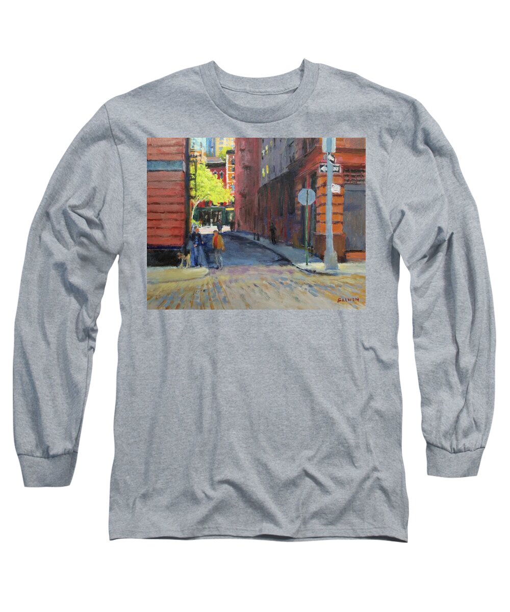 Landscape Long Sleeve T-Shirt featuring the painting Duane Park from Staple Street by Peter Salwen