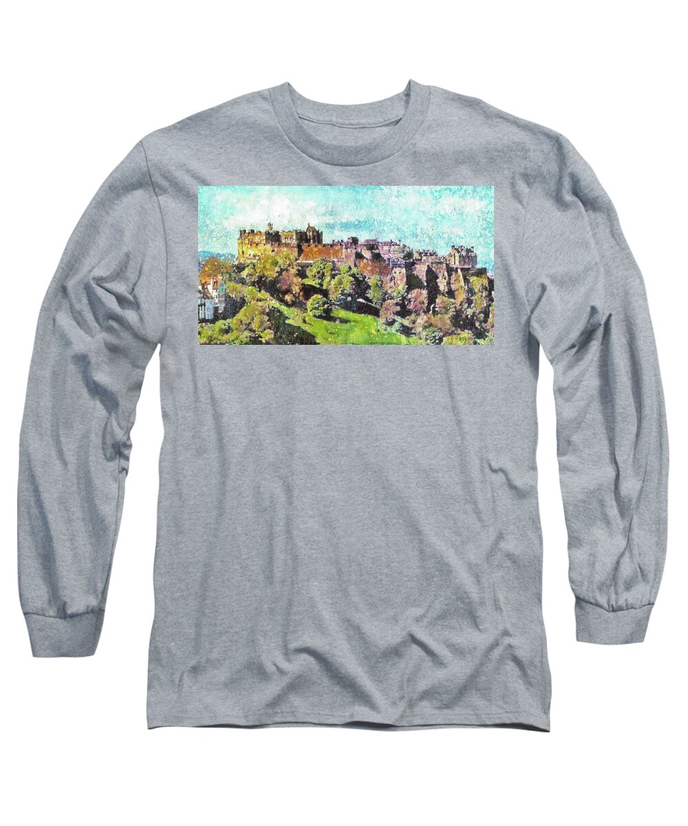 Landscape Long Sleeve T-Shirt featuring the painting EDINBURGH CASTLE SKYLINE No 2 by Richard James Digance