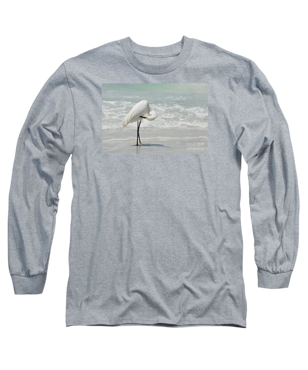 Lido Beach Long Sleeve T-Shirt featuring the photograph Egret Preening 6278 by Steve Somerville