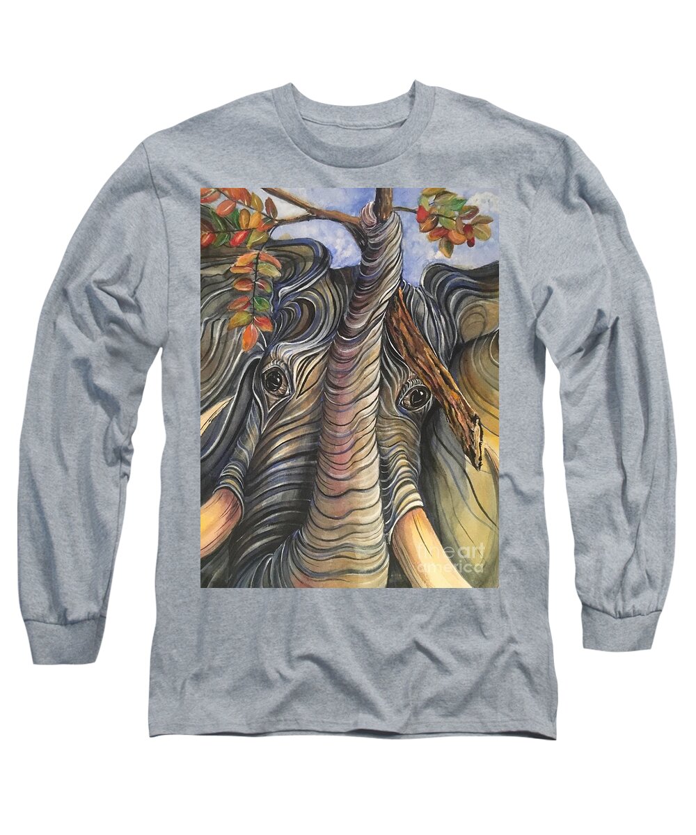 Elephant Long Sleeve T-Shirt featuring the mixed media Elephant Holding a Tree Branch by Mastiff Studios