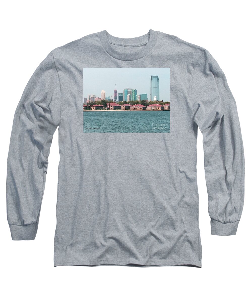 Ellis Island Long Sleeve T-Shirt featuring the painting Ellis Island and NYC by Denise Tomasura