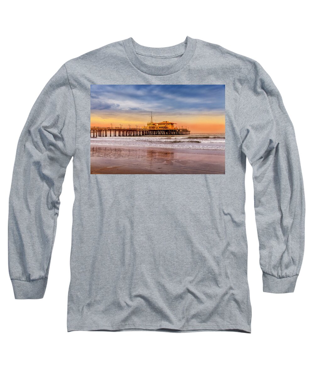 Santa Monica Pier Long Sleeve T-Shirt featuring the photograph Evening Glow At The Pier by Gene Parks