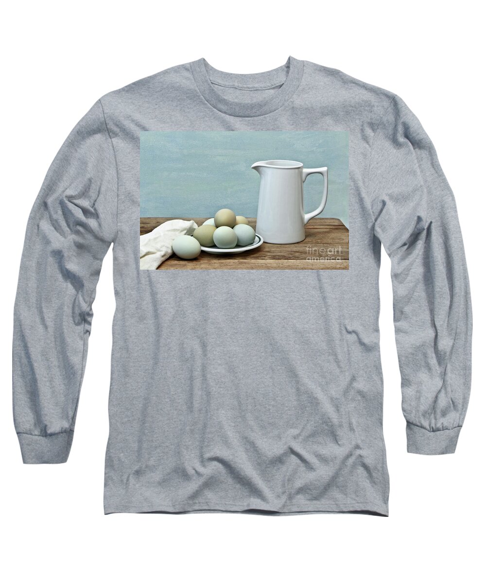 Eggs Long Sleeve T-Shirt featuring the photograph Exotic Colored Eggs with Pitcher by Pattie Calfy