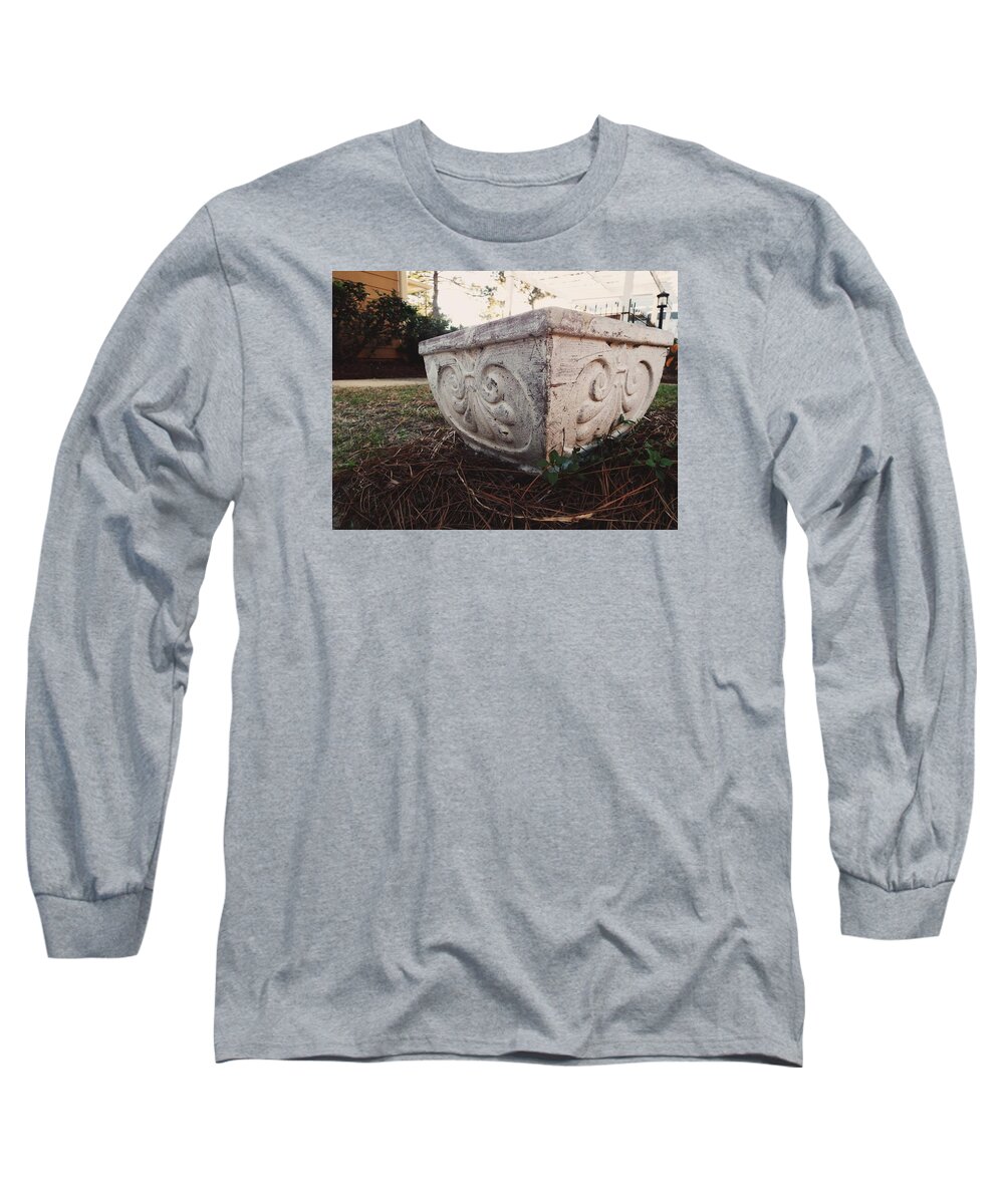 Outdoors. Pottery. Garden Pot. Flower Pot. Plant Pot. Faded White Paint. Antique White Paint. Distressed White Paint. Grass. Pine Straw. Bushes. Lamp Post. Royal. Long Sleeve T-Shirt featuring the photograph Fancy Pottery by Shelby Boyle