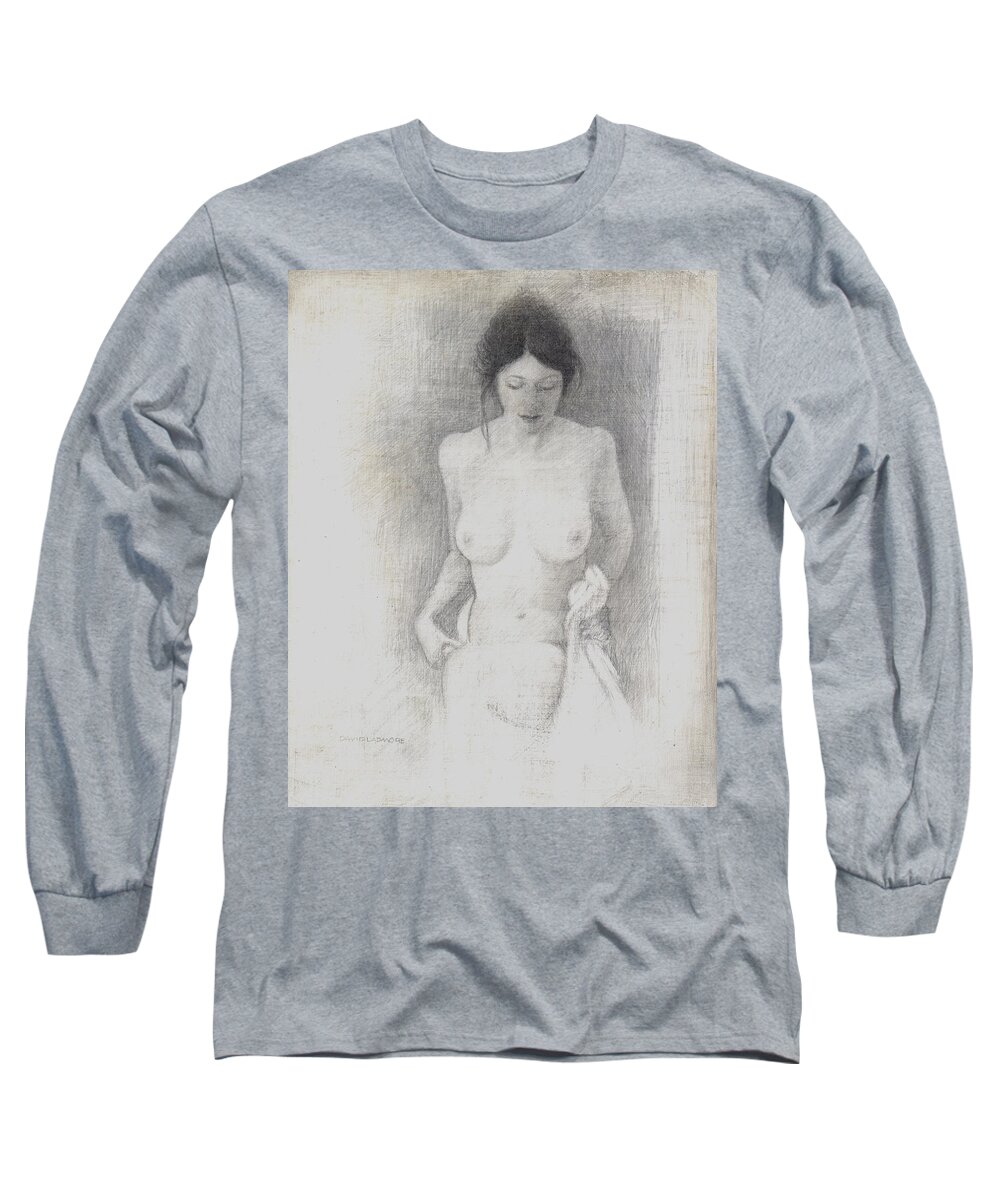Breasts Long Sleeve T-Shirt featuring the drawing Figure Study 6 by David Ladmore