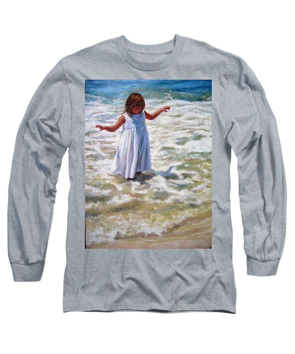 Children At Beach Long Sleeve T-Shirt featuring the painting Flying in the Surf by Marie Witte