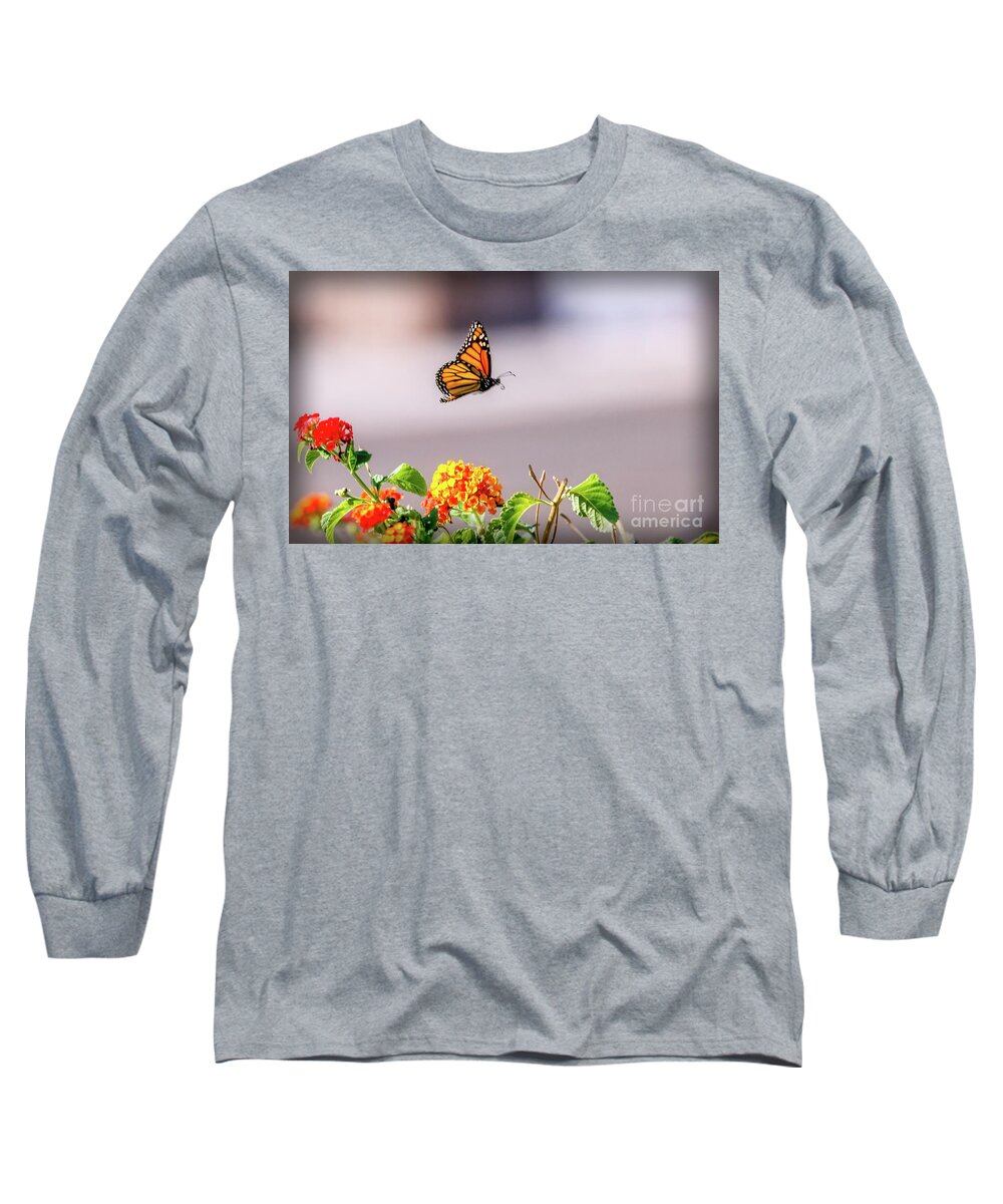 Orange Long Sleeve T-Shirt featuring the photograph Flying Monarch Butterfly by Robert Bales