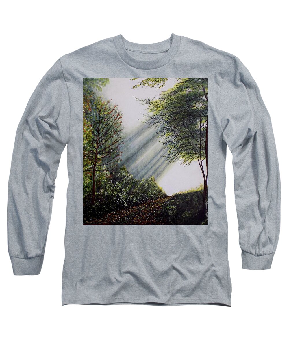 Nature Long Sleeve T-Shirt featuring the painting Forest Pathway by Judy Kirouac