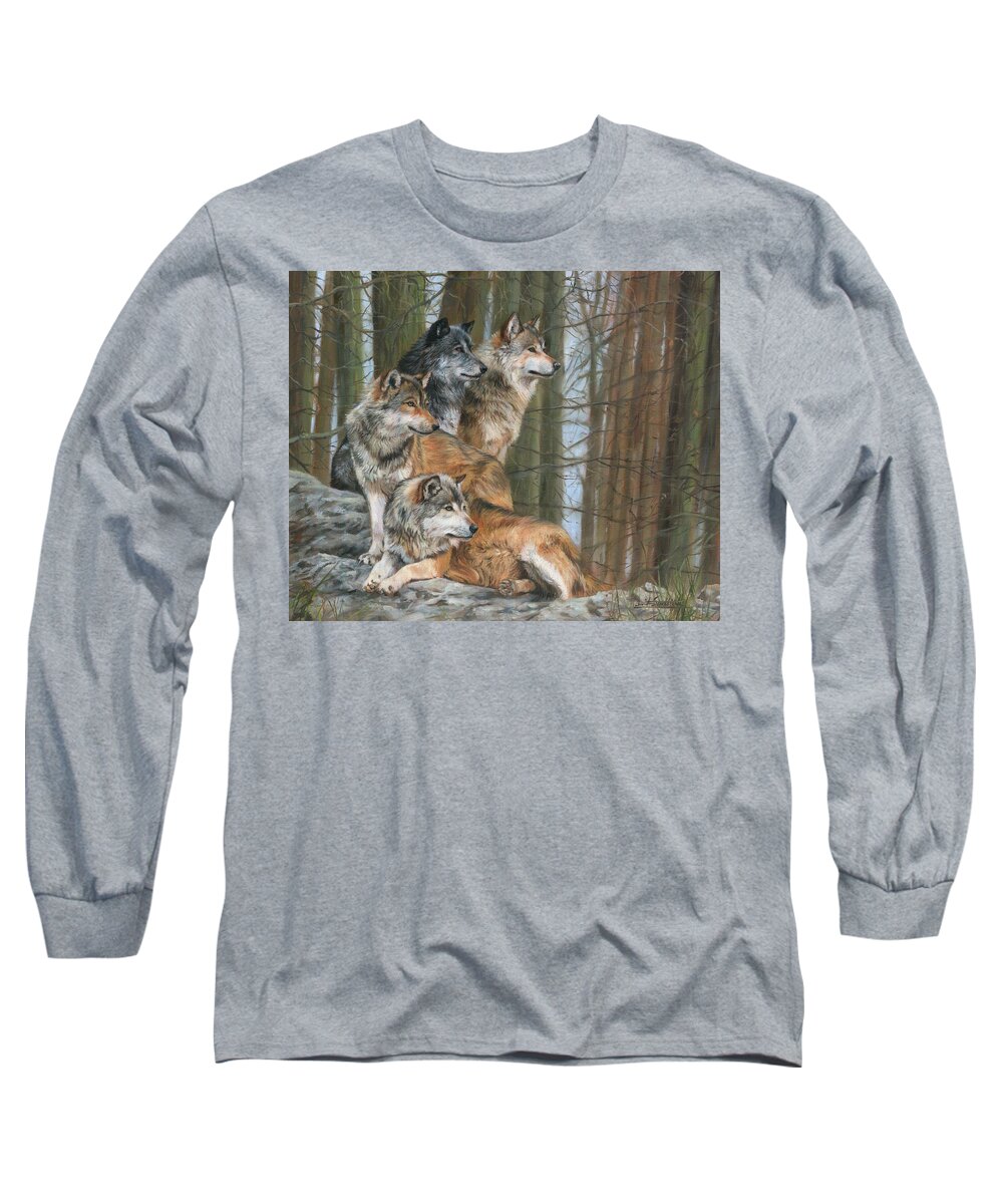Wolf Long Sleeve T-Shirt featuring the painting Four Wolves by David Stribbling