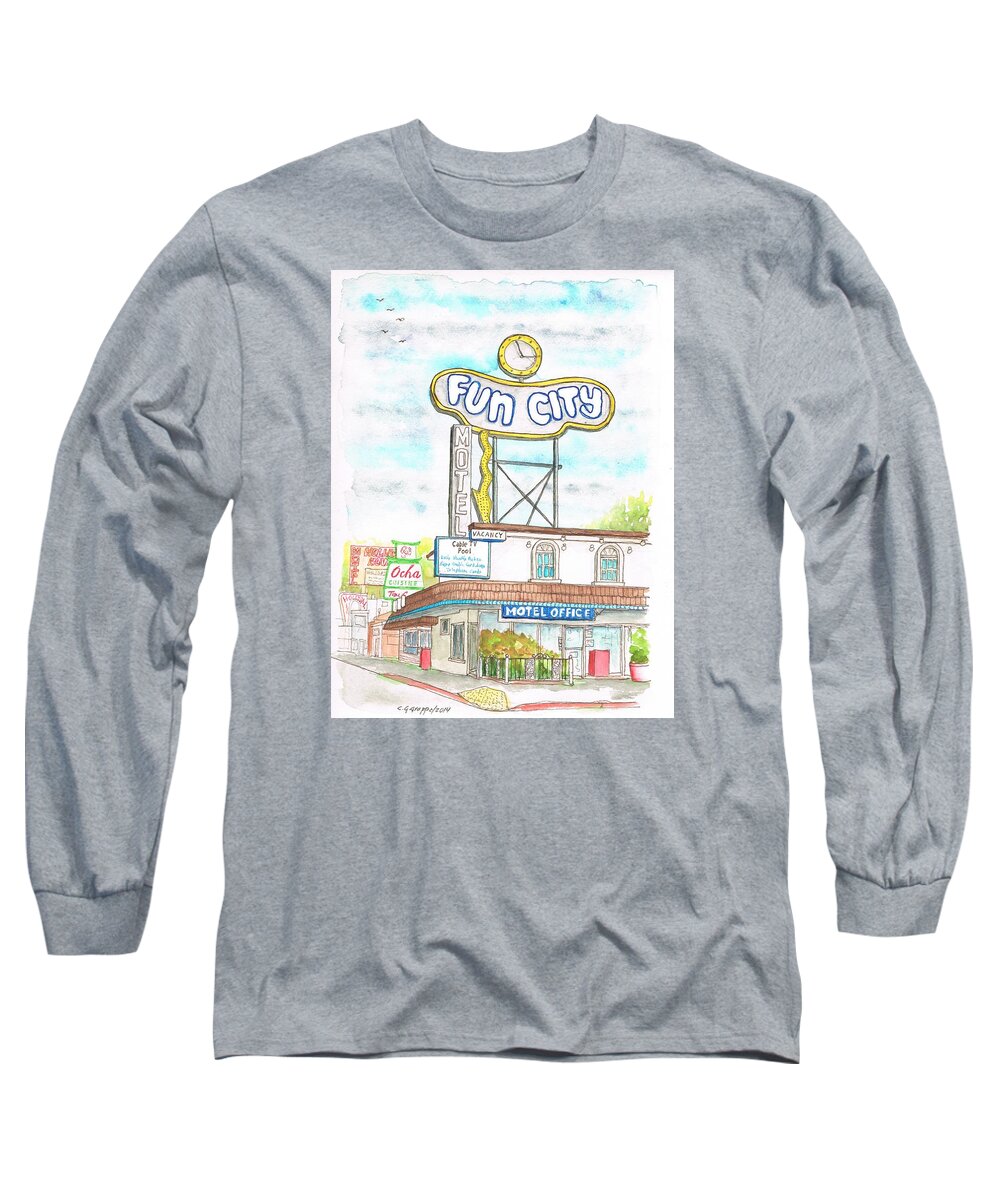 Nature Long Sleeve T-Shirt featuring the painting Fun City Motel, Las Vegas, Nevada by Carlos G Groppa