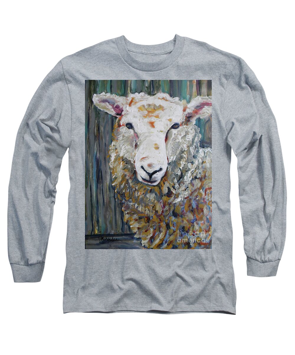 Sheep. Ewe Long Sleeve T-Shirt featuring the painting Fuzzy by JoAnn Wheeler