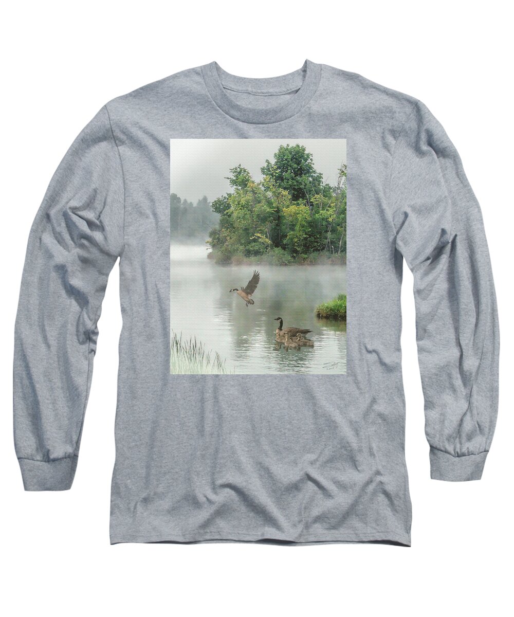 Geese Long Sleeve T-Shirt featuring the digital art Geese on Misty Lake by M Spadecaller