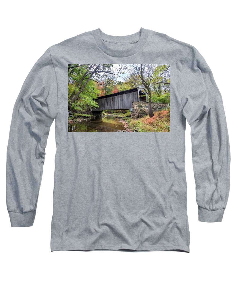 Bridge Long Sleeve T-Shirt featuring the photograph Glen Hope Covered Brige during Autumn by Patrick Wolf
