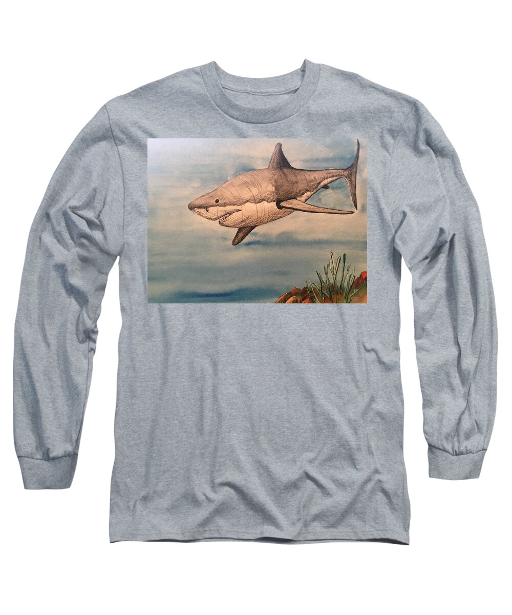Great Long Sleeve T-Shirt featuring the painting Great White Shark by Mastiff Studios