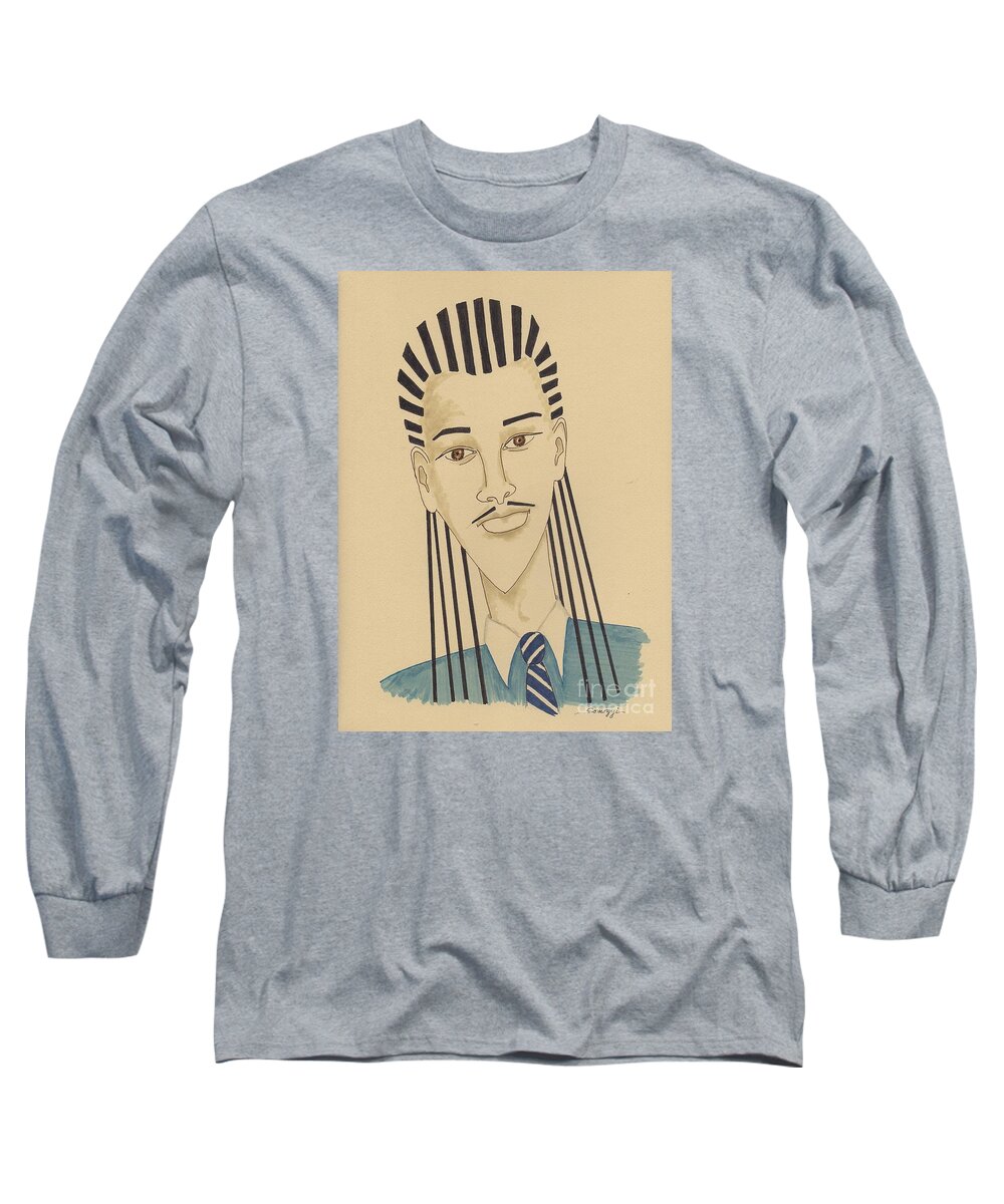 Braids Long Sleeve T-Shirt featuring the drawing Handsome Young Man -- Stylized Portrait of African-American Man by Jayne Somogy