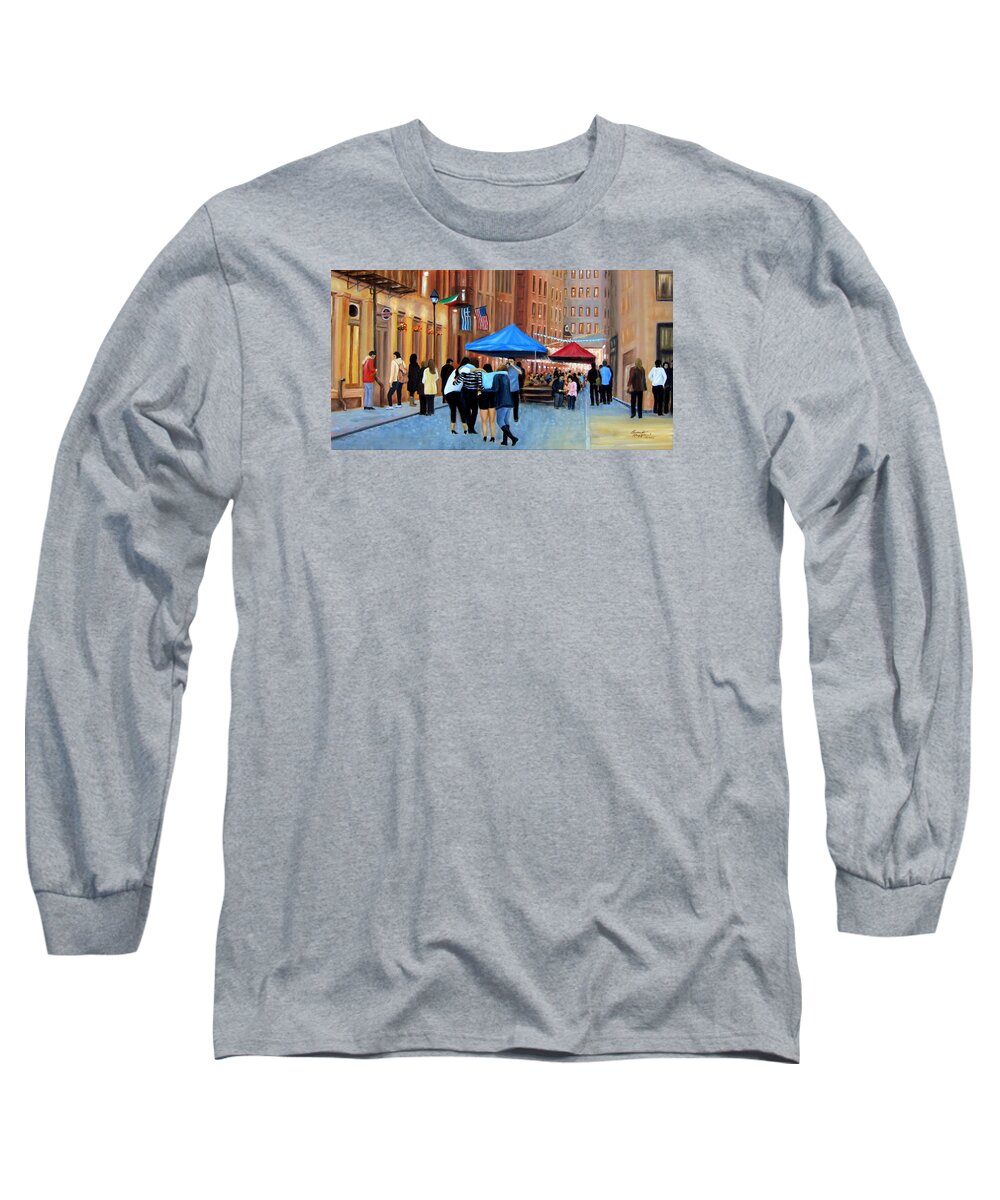 New York City Long Sleeve T-Shirt featuring the painting Happy Hour on Stone St. NYC by Leonardo Ruggieri